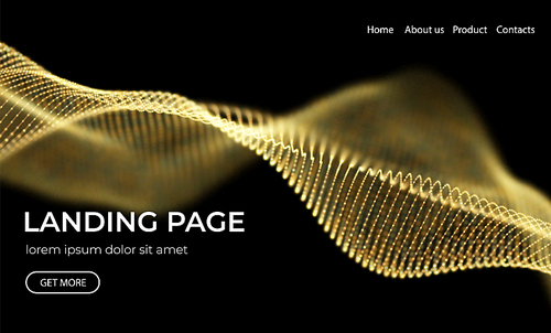 Abstract landing page background with gold particles. Flow wave with dot landscape. Digital data structure. Future mesh or sound grid. Pattern point visualization. Technology vector illustration.