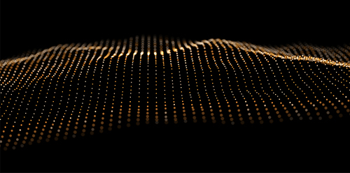 Wave of gold particles. Abstract technology flow background. Sound mesh pattern or grid landscape. Digital data structure consist dot elements. Future vector illustration.