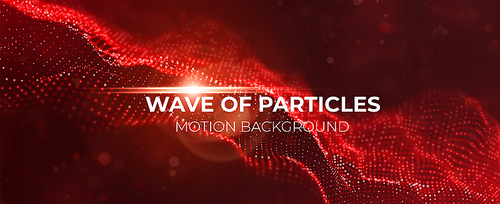 Dynamic red particle wave. Abstract sound visualization. Flow digital structure. Mesh landscape or grid data technology.
