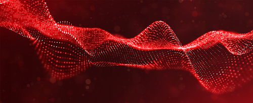 Abstract red particle background. Flow wave with dot landscape. Digital data structure. Future mesh or sound grid. Pattern point visualization. Technology vector illustration.