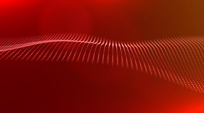 Wave of red particles. Abstract technology flow background. Sound mesh pattern or grid landscape. Digital data structure consist dot elements. Future vector illustration.