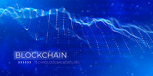 Blockchain technology concept. Abstract blue particle background. Flow wave with dot landscape. Digital data structure. Future mesh or sound grid. Pattern point visualization.