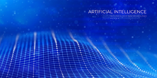 Artificial intelligence concept. Abstract blue particle background. Flow wave with dot landscape. Digital data structure. Future mesh or sound grid. Pattern point visualization.