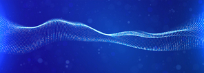 Dynamic blue particle wave. Abstract sound visualization. Flow digital structure. Mesh landscape or grid data technology.