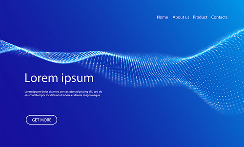 Abstract landing page background with blue particles. Flow wave with dot landscape. Digital data structure. Future mesh or sound grid. Pattern point visualization. Technology vector illustration.