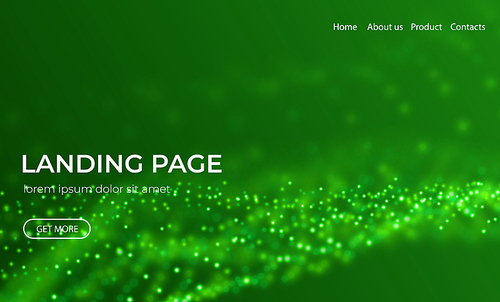 Abstract landing page background with green particles. Flow wave with dot landscape. Digital data structure. Future mesh or sound grid. Pattern point visualization. Technology vector illustration.