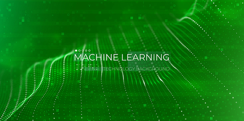 Machine learning concept. Abstract green particle background. Flow wave with dot landscape. Digital data structure. Future mesh or sound grid. Pattern point visualization.