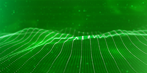 Abstract green particle background. Flow wave with dot landscape. Digital data structure. Future mesh or sound grid. Pattern point visualization.