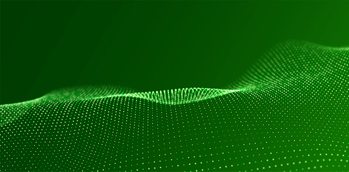 Wave of green particles. Abstract technology flow background. Sound mesh pattern or grid landscape. Digital data structure consist dot elements. Future vector illustration.