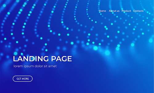 Wave of blue particles. Abstract landing page technology background. Sound mesh pattern or grid landscape. Digital data structure consist dot elements. Future vector illustration.