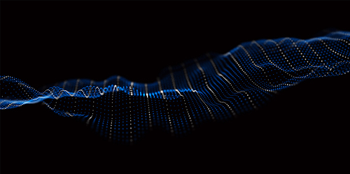 Abstract blue particle background. Flow wave with dot landscape. Digital data structure. Future mesh or sound grid. Pattern point visualization.