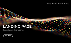 Abstract landing page background with red blue and yellow particles. Flow wave with dot landscape. Digital data structure. Future mesh or sound grid.