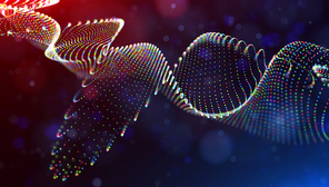 Abstract blue red and yellow particles background. Flow wave with dot landscape. Digital data structure. Future mesh or sound grid. Pattern point visualization. Technology vector illustration.