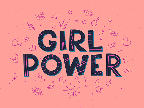 Girl Power vector illustration, stylish print for t shirts, posters, cards and prints with signs and doodle elements.Feminism quote and woman motivational slogan.Women's movement concept