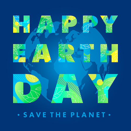 Happy Earth Day typography design.Letters with fluid shapes,tiny leaves and Earth silhouette on a background.Earth Day concept perfect for prints, flyers,banners design and more.