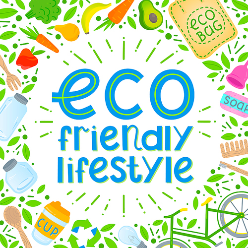 Eco friendly lifestyle concept.Vector illustration with lettering,eco grocery bag,vegetables,fruits,bicycle,glass jars,wooden cutlery,comb and toothbrush,menstrual cup,thermo mug.Zero waste principals