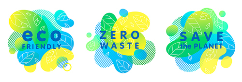 Set of trendy zero waste concepts with bright liquid shapes,tiny leaves and geometric elements.Fluid compositions perfect for Earth Day,prints,logos,flyers,banners design and more.Eco concepts.