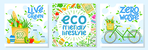 Set of zero waste vector illustrations with lettering.Healthy lifestyle principals.Perfect for prints,flyers,banners,eco posters,covers,typography design and more.Live green, go to zero waste.