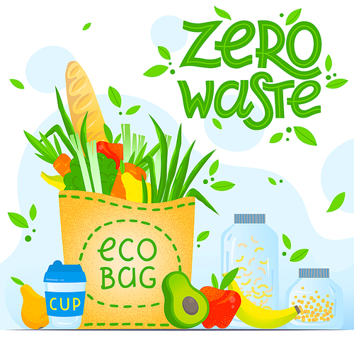 Zero waste concept.Vector illustration with hand drawn lettering,groceries in a paper bag,vegetables,fruits,kitchen jars,thermo mug.Live green, go to zero waste.Zero waste kitchen.