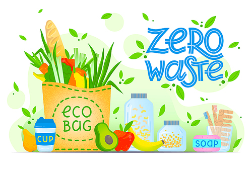Zero waste concept.Vector illustration with hand drawn lettering,eco grocery bag,vegetables,fruits,kitchen jars,soap,comb and toothbrush,thermo mug.Live green, go to zero waste.Zero waste principals.