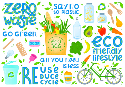 Zero waste collection.Vector illustration with hand drawn lettering,eco grocery bag,vegetables,fruits,bicycle,glass jars,wooden cutlery,comb,toothbrush,menstrual cup,thermo mug.Zero waste principals.