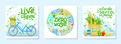 Bundle of zero waste vector illustrations with lettering.Healthy lifestyle principals.Perfect for prints,flyers,banners,eco posters,covers,typography design,social media.Live green, go to zero waste.