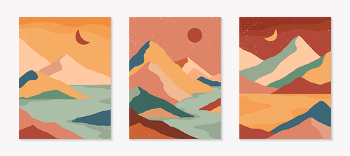 Set of creative abstract mountain landscape and mountain range backgrounds.Mid century modern vector illustrations with hand drawn mountains,sea or lake,sky,sun and moon.Trendy contemporary design.