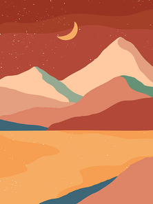 Creative abstract mountain landscape background.Mid century modern vector illustration with hand drawn mountains; desert or river; sky and moon.Trendy contemporary design.Wall art decor.