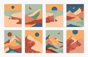 Bundle of creative abstract mountain landscapes,mountain range,desert dunes,cliffed coast backgrounds.Modern vector illustrations with hand drawn mountains,sea or lake,sky,sun and moon.Trendy design.
