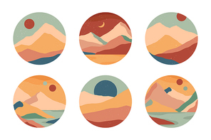 Set of creative abstract mountain landscape and sand dunes round icons.Trendy templates for stories.Mid century modern vector illustrations with hand drawn mountains,sea,desert,sky,sun,moon.