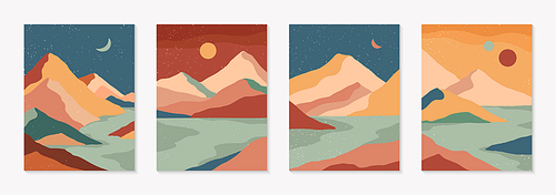 Set of creative abstract mountain landscape and mountain range backgrounds.Mid century modern vector illustrations with hand drawn mountains,sea or desert,sky,sun,moon.Trendy contemporary design.