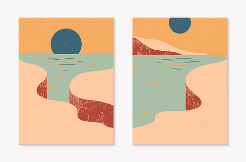 Set of creative abstract rocky mountain landscape backgrounds.Mid century modern vector illustrations with hand drawn cliffed coast,sky and sun.Trendy contemporary design.Futuristic wall art decor