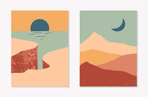 Set of creative abstract rocky mountain landscape backgrounds.Mid century modern vector illustrations with cliffed coast,sand dunes,sky and sun.Trendy contemporary design.Futuristic wall art decor