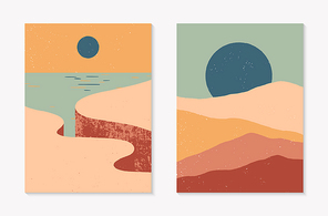 Set of creative abstract rocky mountain landscape backgrounds.Mid century modern vector illustrations with cliffed coast,sand dunes,sky and sun.Trendy contemporary design.Futuristic wall art decor