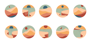 set of creative abstract rocky mountain landscapes round icons.mid century modern vector illustration with cliffed coast,desert dunes,sky,sun.social media covers.trevel .ger templates for stories.