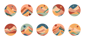 set of creative abstract mountain landscapes and sand dunes round icons.social media covers.trevel .ger templates for stories.vector illustrations with hand drawn mountains,sea,desert,sky,sun,moon.