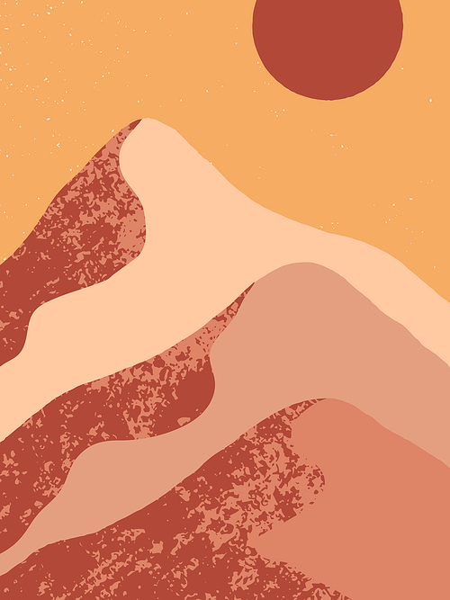 Creative abstract mountain landscape background.Mid century modern vector illustration with hand drawn mountains or desert dunes; sky and sun.Trendy contemporary design.Futuristic wall art decor.