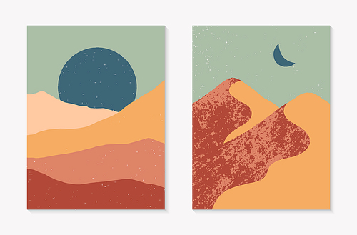 Set of creative abstract mountain landscape backgrounds.Mid century modern vector illustrations with  mountains or desert dunes;sky,sun or moon.Trendy contemporary design.Futuristic wall art decor.