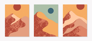 Set of creative abstract mountain landscape backgrounds.Mid century modern vector illustrations with  mountains or desert dunes;sky,sun or moon.Trendy contemporary design.Futuristic wall art decor.