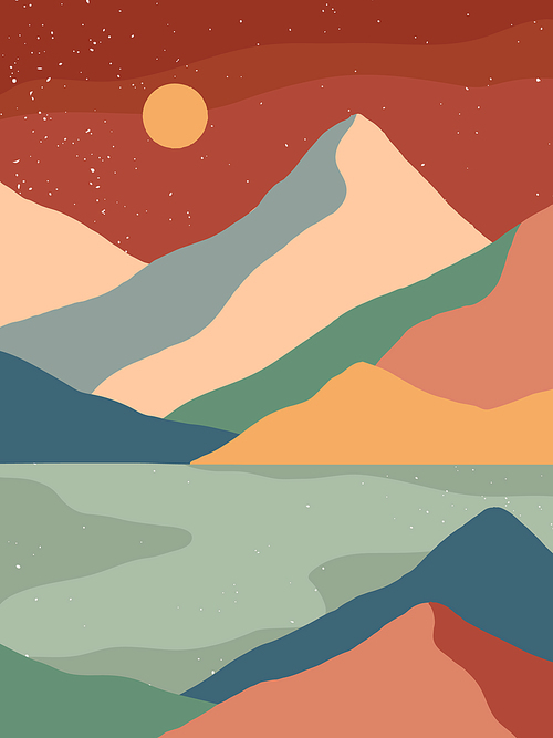 Creative abstract mountain landscape background.Mid century modern vector illustration with hand drawn mountains; sea or river; sky and moon.Trendy contemporary design.Futuristic wall art decor.