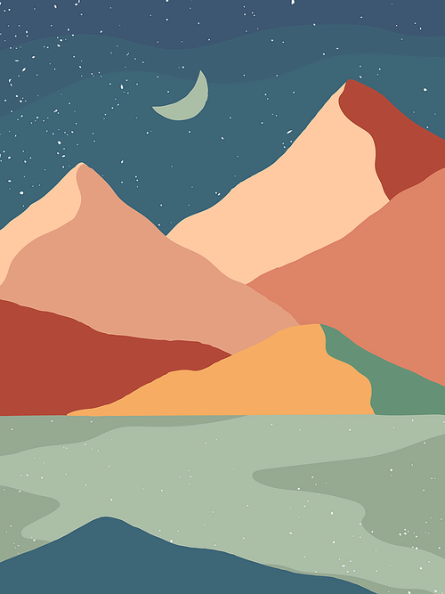 Creative abstract mountain landscape background.Mid century modern vector illustration with hand drawn mountains; sea or river; sky and moon.Trendy contemporary design.Futuristic wall art decor.
