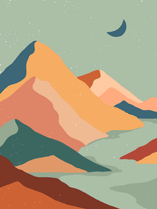 Creative abstract mountain landscape.Mountain range background.Mid century modern vector illustration with hand drawn mountains with sun or moon.Trendy contemporary design.Wall art decor.
