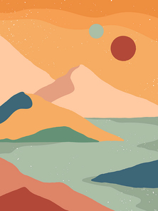 Creative abstract mountain landscape background.Mid century modern vector illustration with hand drawn mountains; sea or river; sky and sun.Trendy contemporary design.Futuristic wall art decor.