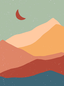 Creative abstract mountain landscape background.Mid century modern vector illustration with hand drawn mountains or desert dunes; sky and moon.Trendy contemporary design.Futuristic wall art decor.