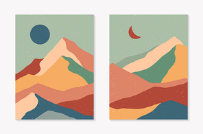 Set of creative abstract mountain landscapes,mountain range backgrounds.Mid century modern vector illustrations with hand drawn mountains,sky,sun or moon.Trendy contemporary design.