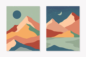 Set of creative abstract mountain landscape and mountain range backgrounds.Mid century modern vector illustrations with hand drawn mountains,sea or lake,sky,sun or moon.Trendy contemporary design.