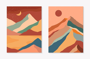 Set of creative abstract mountain landscape and mountain range backgrounds.Mid century modern vector illustrations with hand drawn mountains,sea or desert,sky,sun,moon.Trendy contemporary design.