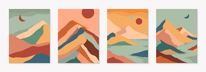 Set of creative abstract mountain landscape and mountain range backgrounds.Mid century modern vector illustrations with hand drawn mountains,sea or desert,sky,sun,moon.Trendy contemporary design.