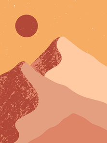 Creative abstract mountain landscape background.Mid century modern vector illustration with hand drawn mountains or desert dunes; sky and sun.Trendy contemporary design.Futuristic wall art decor.