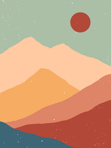 Creative abstract mountain landscape background.Mid century modern vector illustration with hand drawn mountains or desert dunes; sky and moon.Trendy contemporary design.Futuristic wall art decor.